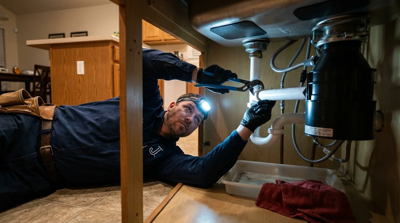 P-trap and supply line connections under a kitchen sink showing a common leak point in Jasper, FL